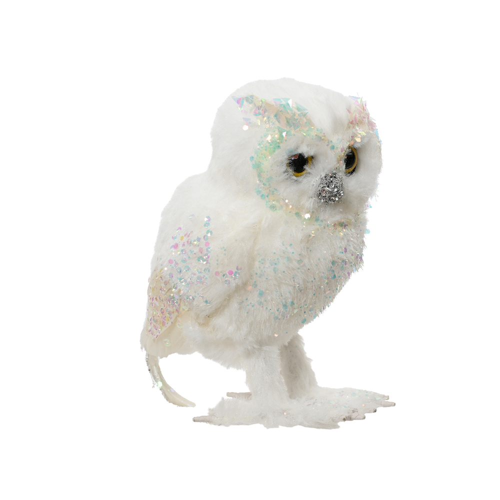 Chouette fourrure artificielle blanc 12X11X15cm