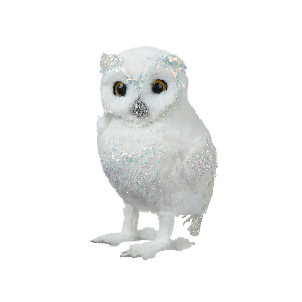 Chouette fourrure artificielle blanc 16X14X23cm