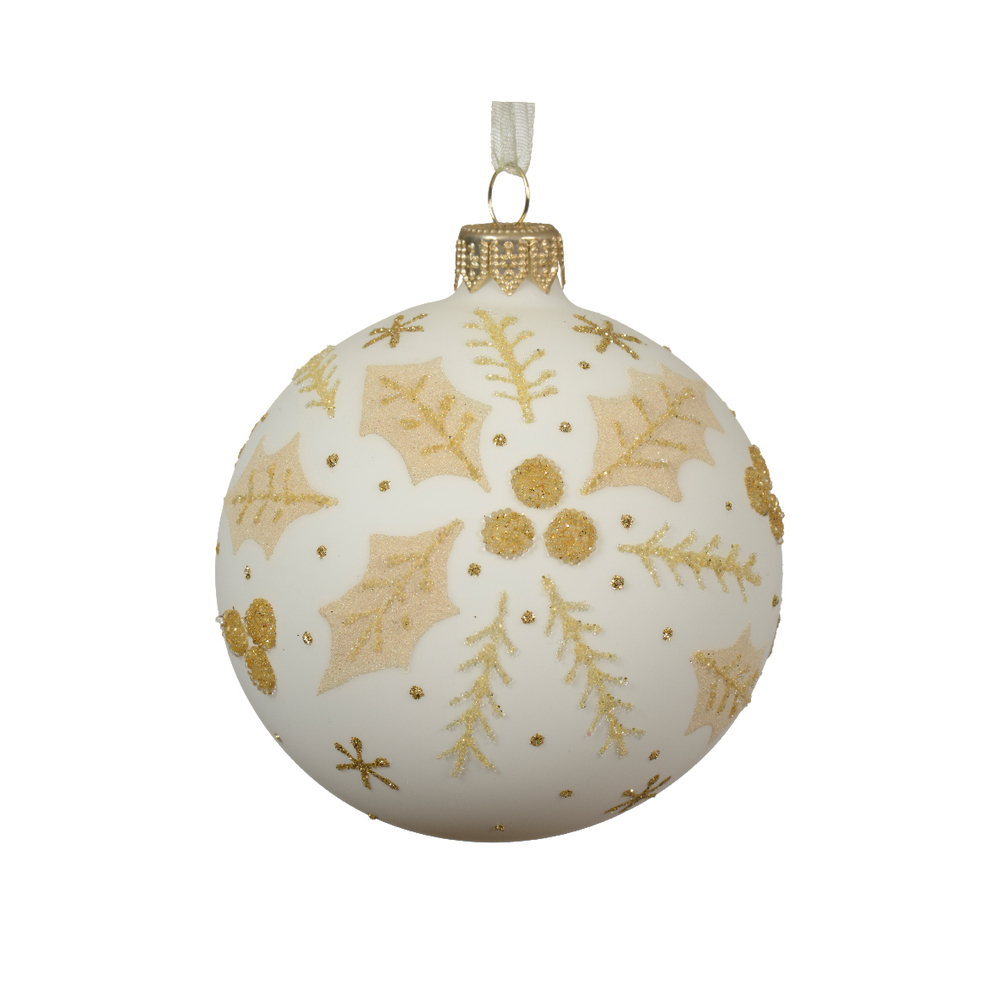 Boule de Noël en verre : motif houx pailleté, coloris blanc - D.8cm