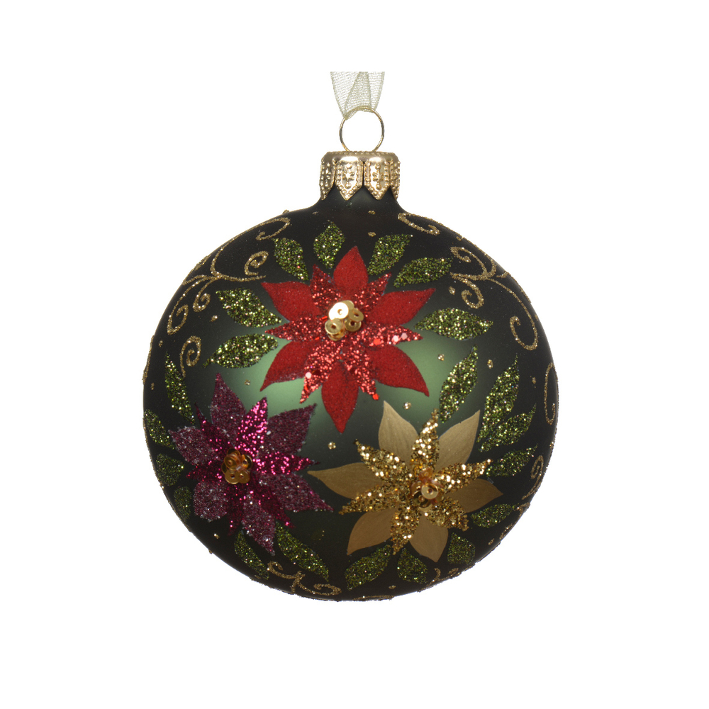 Boule de Noël en verre : motif poinsettia, coloris vert pin - D.8cm
