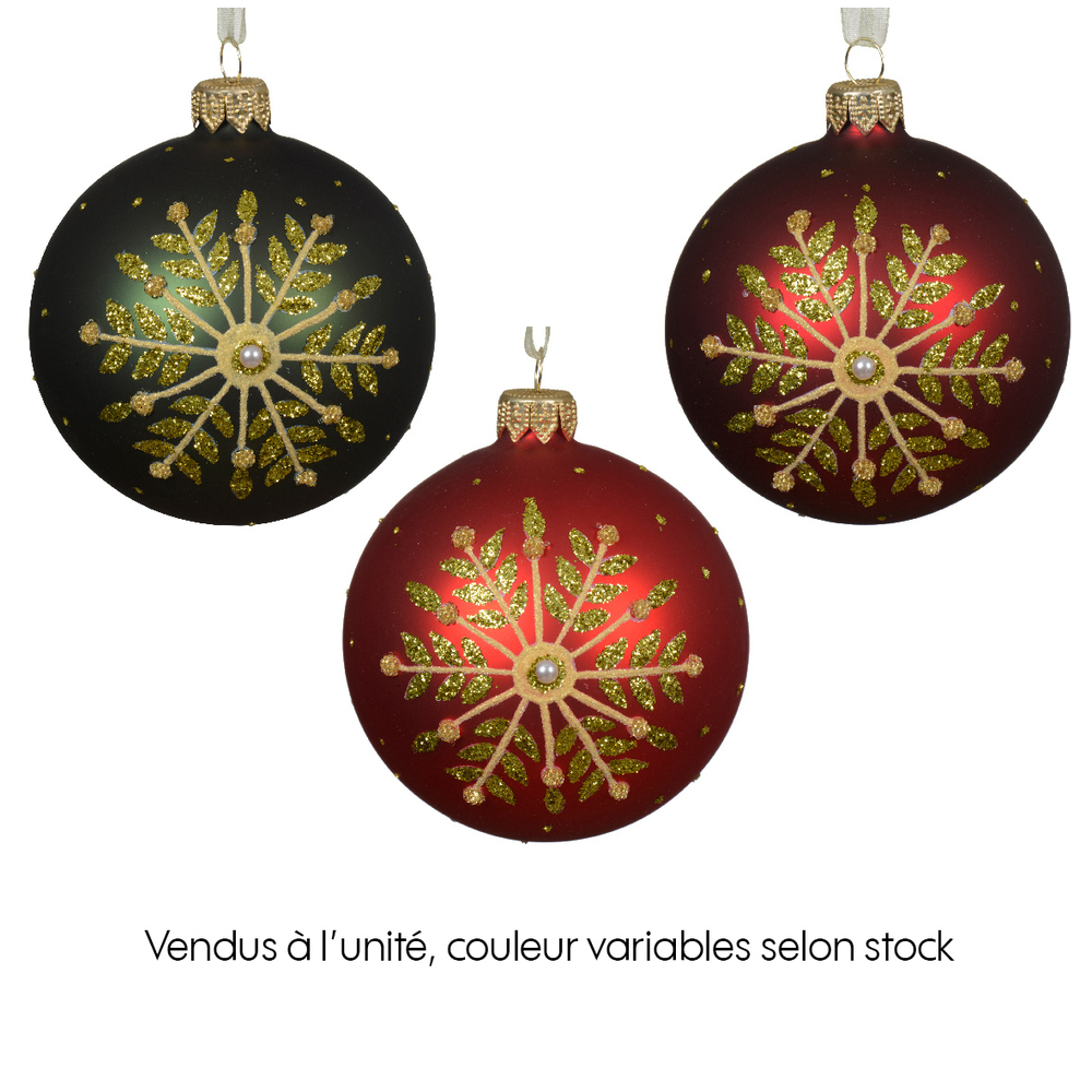 Boule de Noël en verre, motif branches de flocon - D.8cm
