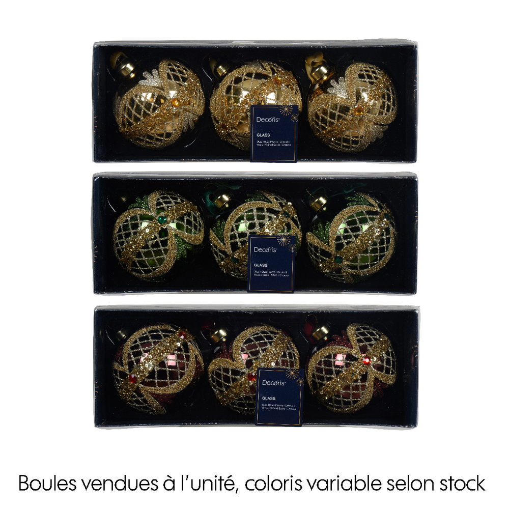 Suspension de Noël : boule en verre, motifs coloris or D.8cm