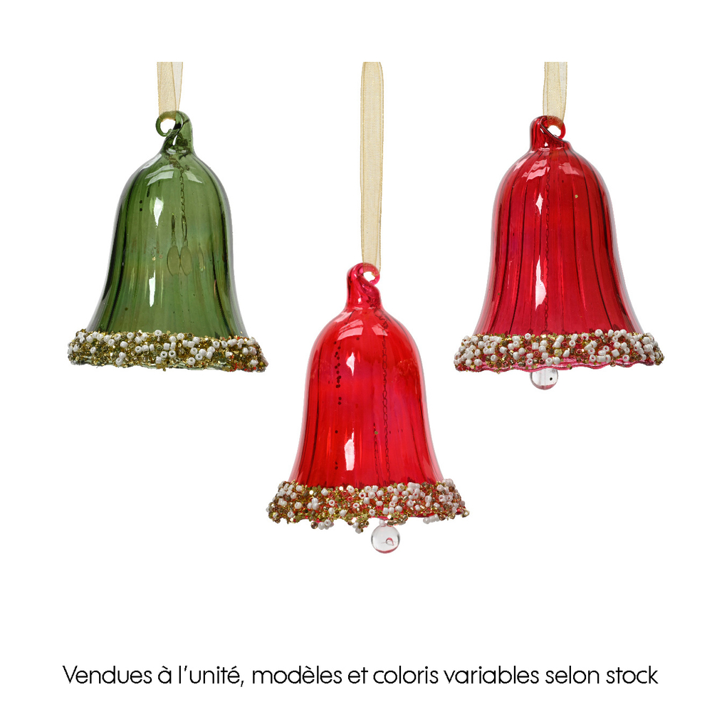 Suspension de Noël en verre : cloche avec perles et séquins - D.8,3cm