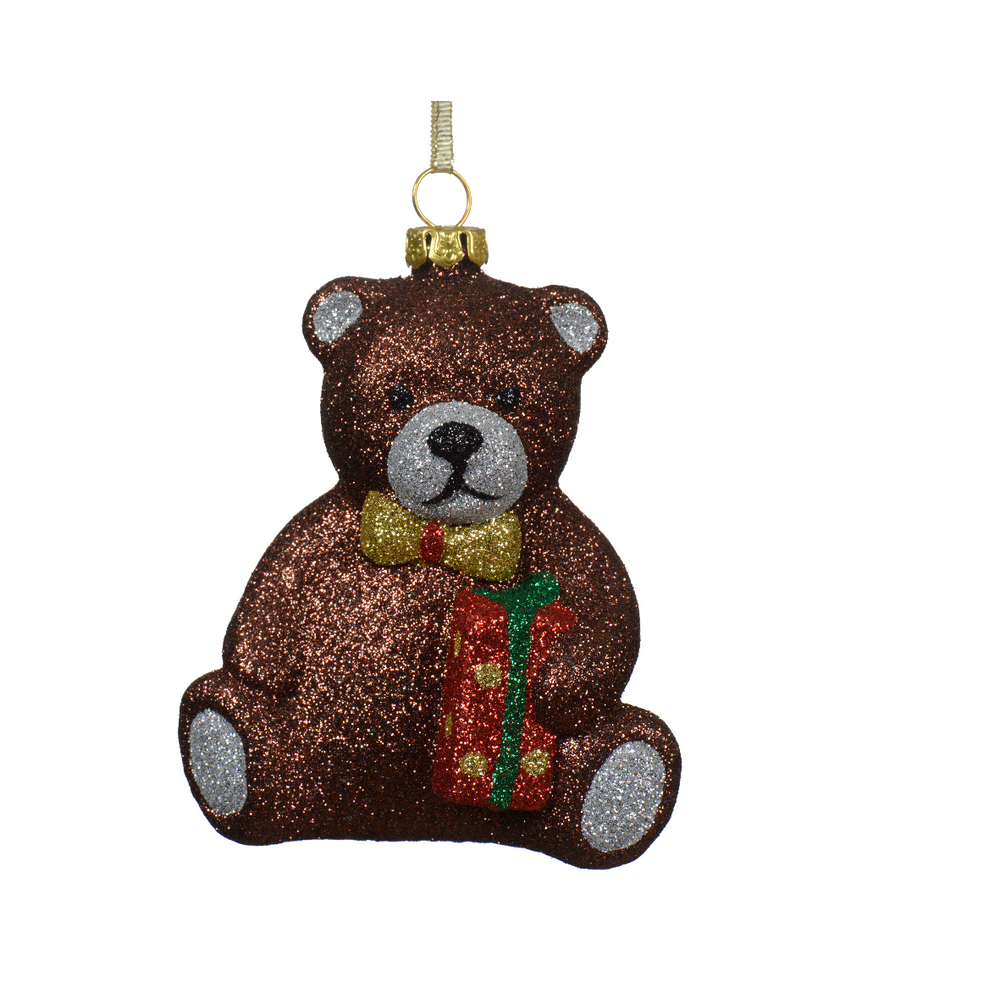 Suspension de Noël : figurine pailletée ours brun - H.9,8cm