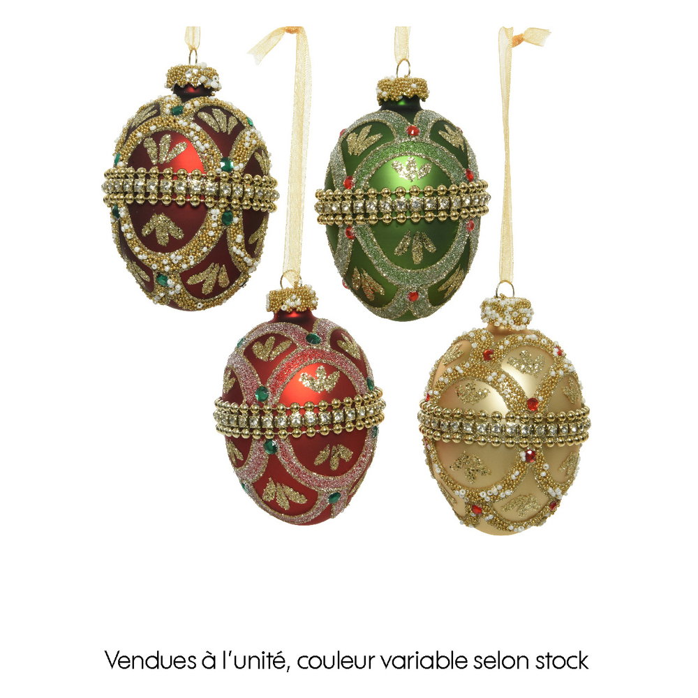 Suspension de Noël en verre : œuf avec diamants et paillettes - H.8cm