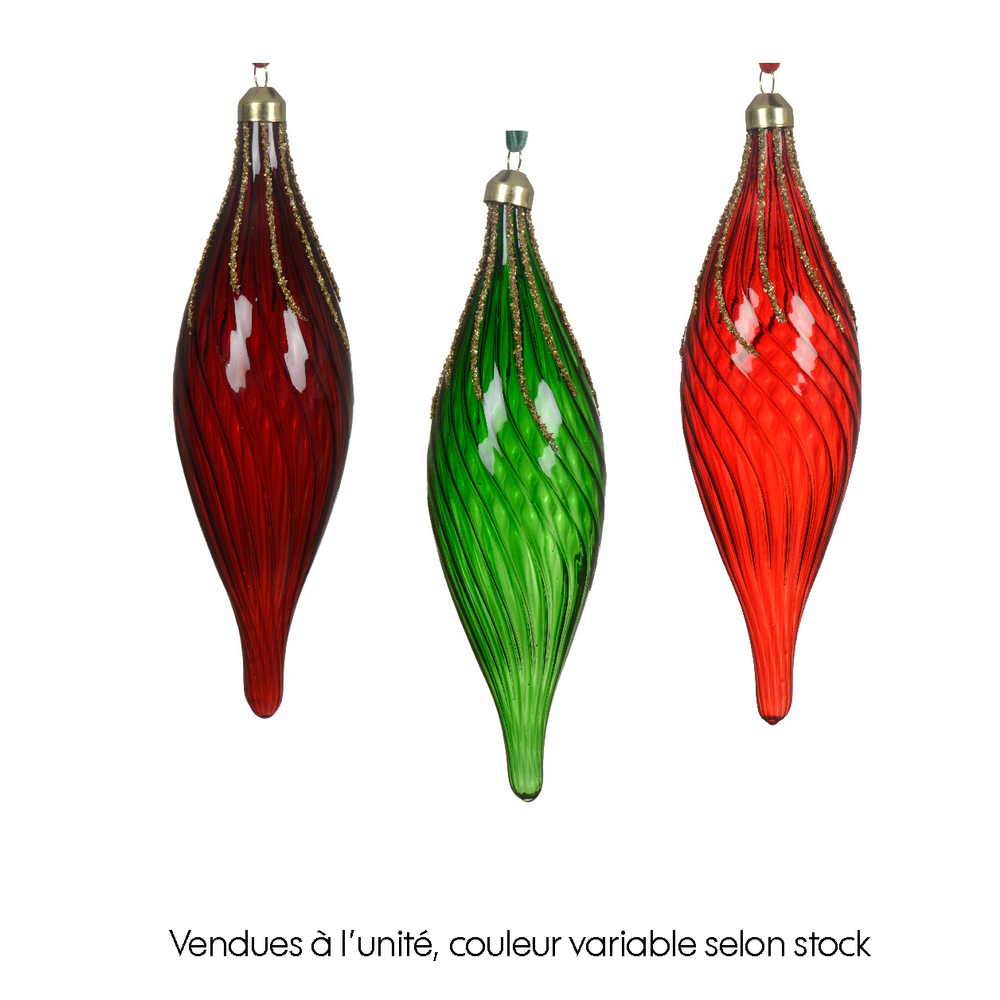 Suspension de Noël en verre : olive avec lignes pailletées - H.20cm