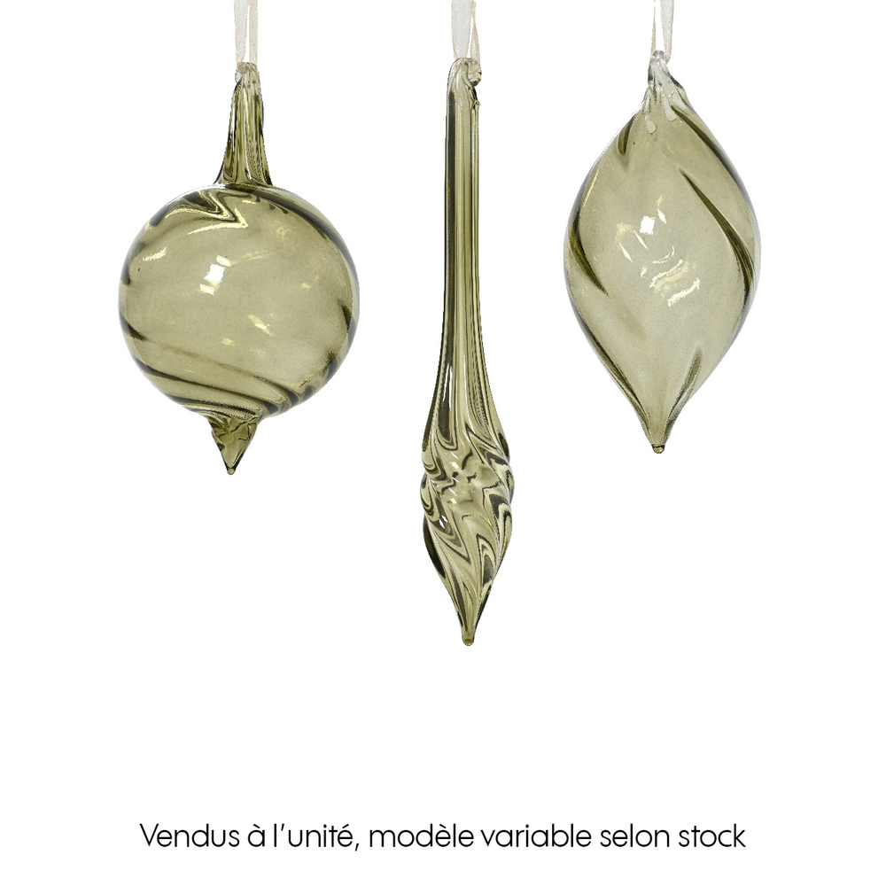 Boule de Noël en verre, motif torsadé, coloris vert romarin - D.6,5cm