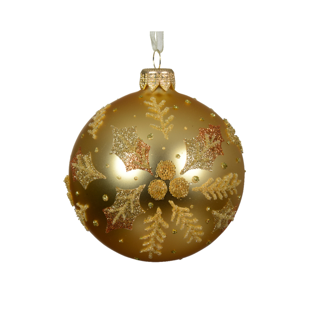 Boule de Noël en verre : motif houx ton sur ton, coloris doré - D.8cm