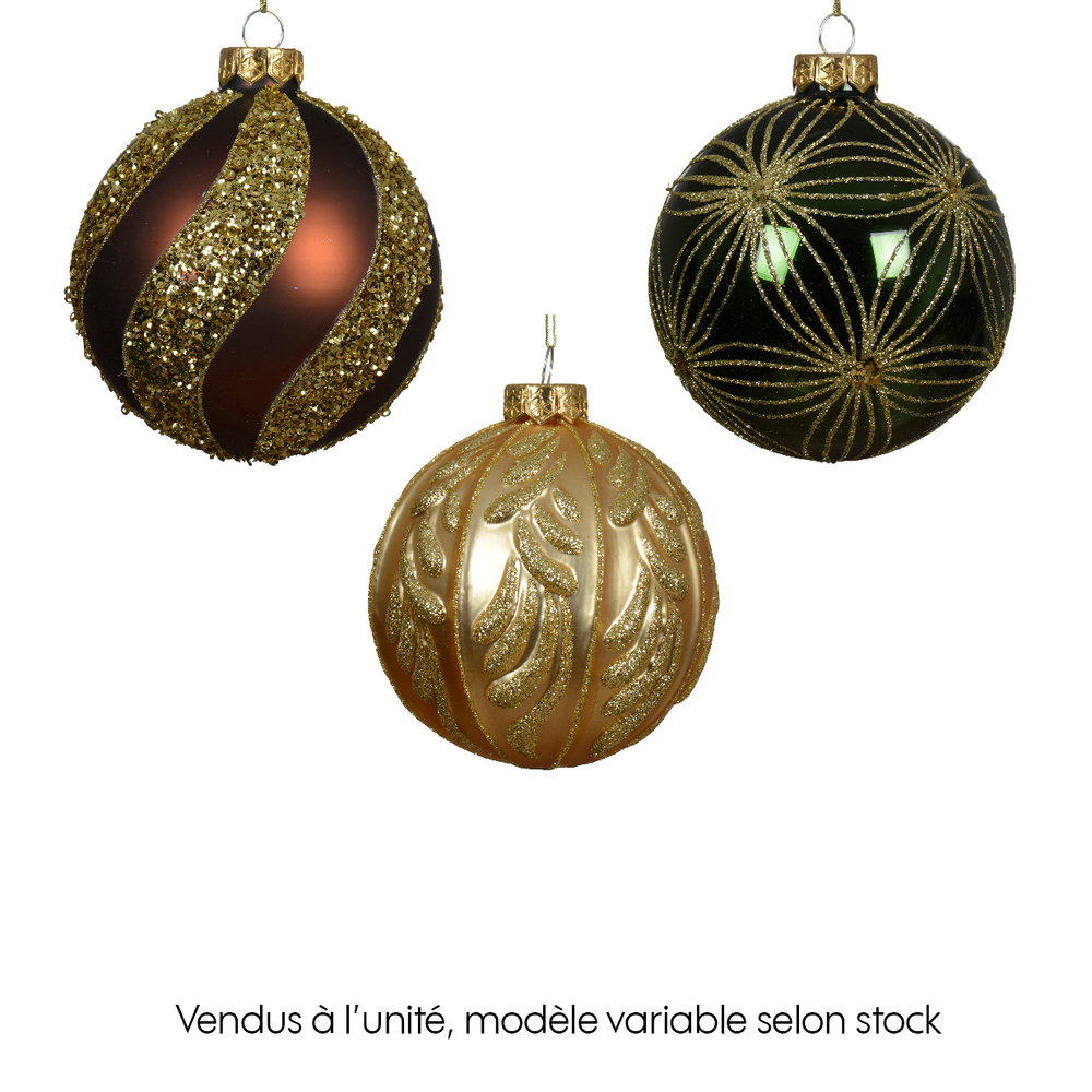 Boule de Noël en verre avec sequins paillettes, brune ou or - D.10cm