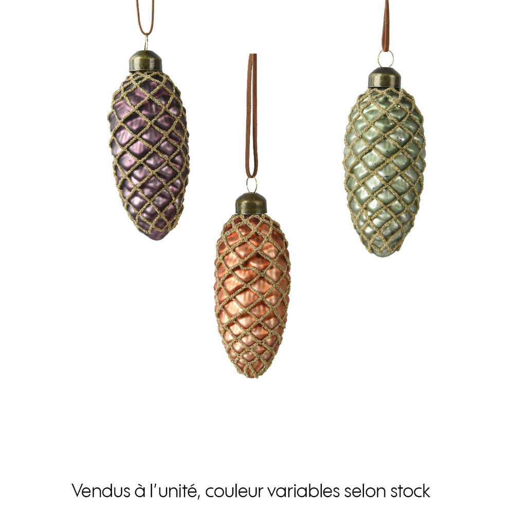 Suspension de Noël : olive en verre avec mini-perles - H.10cm