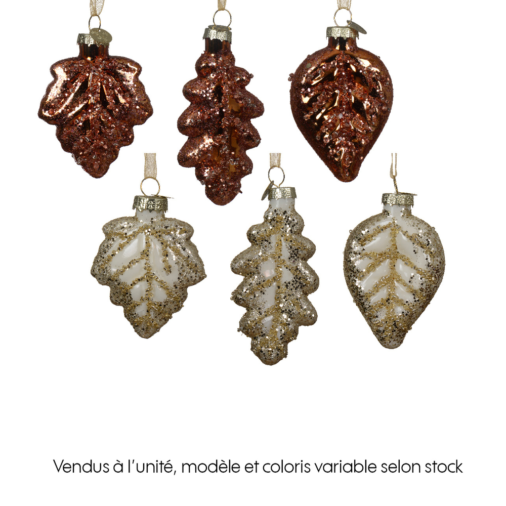 Suspension de Noël : Feuille en verre avec paillettes H.2,5cm