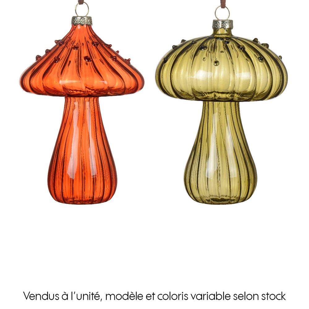 Suspension de Noël en verre : champignon avec pois - D.8,9xH.13,2cm