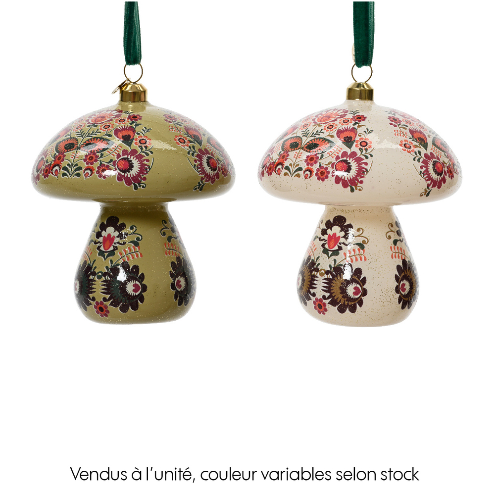 Suspension champignon verre a/imprime fleur D9.7 H12.4cm