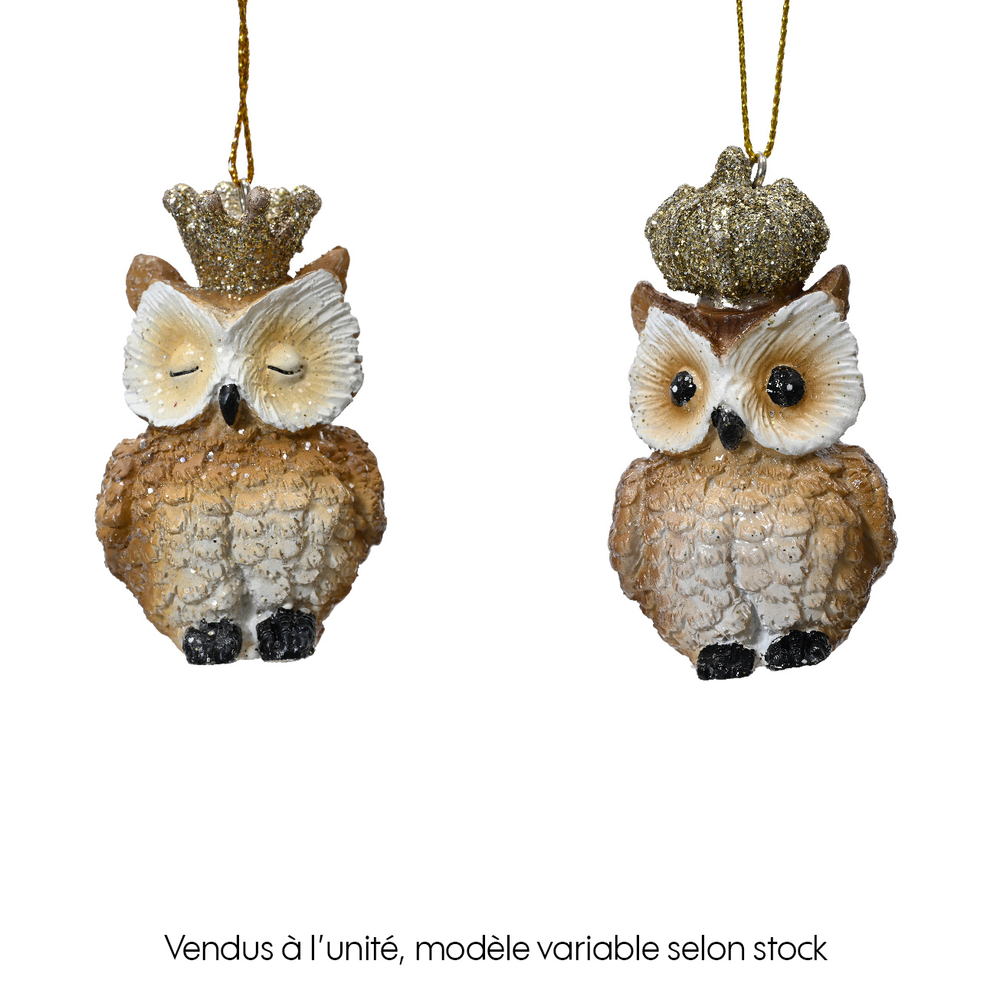 Suspension chouette polyrésine brun 4.1x3.6 H6.8cm