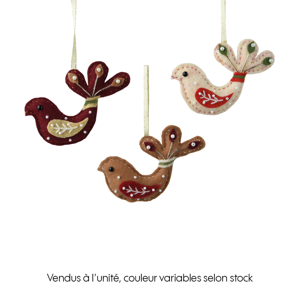 Suspension de Noël : oiseau polyester avec perles en bois - H10cm