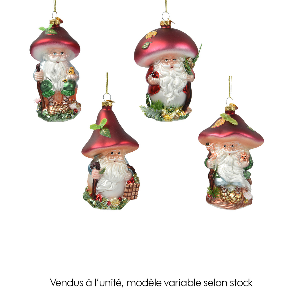 Suspension pour sapin : Père Noël en verre avec champignon - H.12,2cm