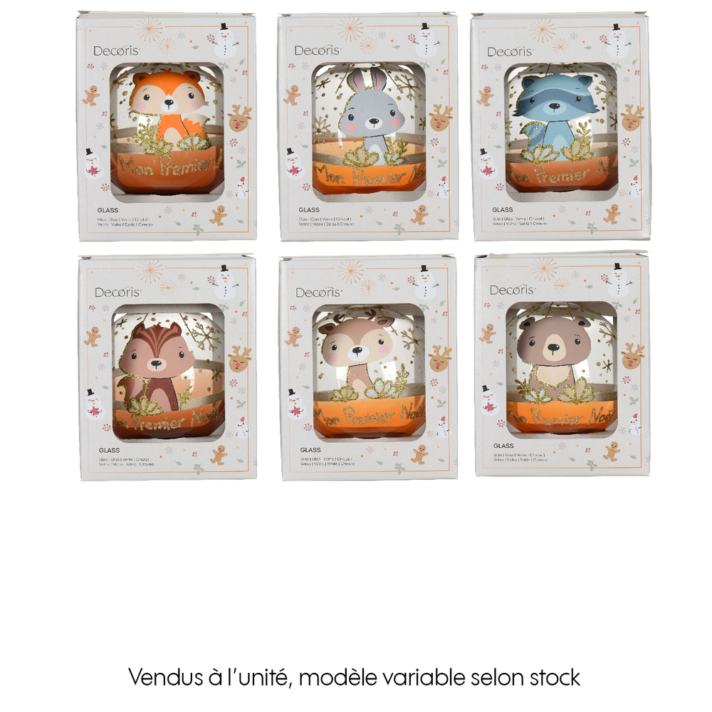 Boule de Noël en verre : 'animaux de la forêt, mon 1er Noël' - D.10cm