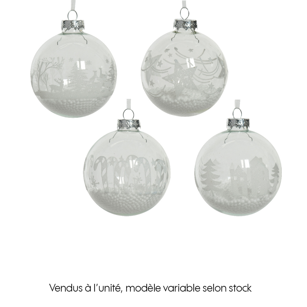 Boule de Noël en verre, motif perlé flocon de neige - D.8cm