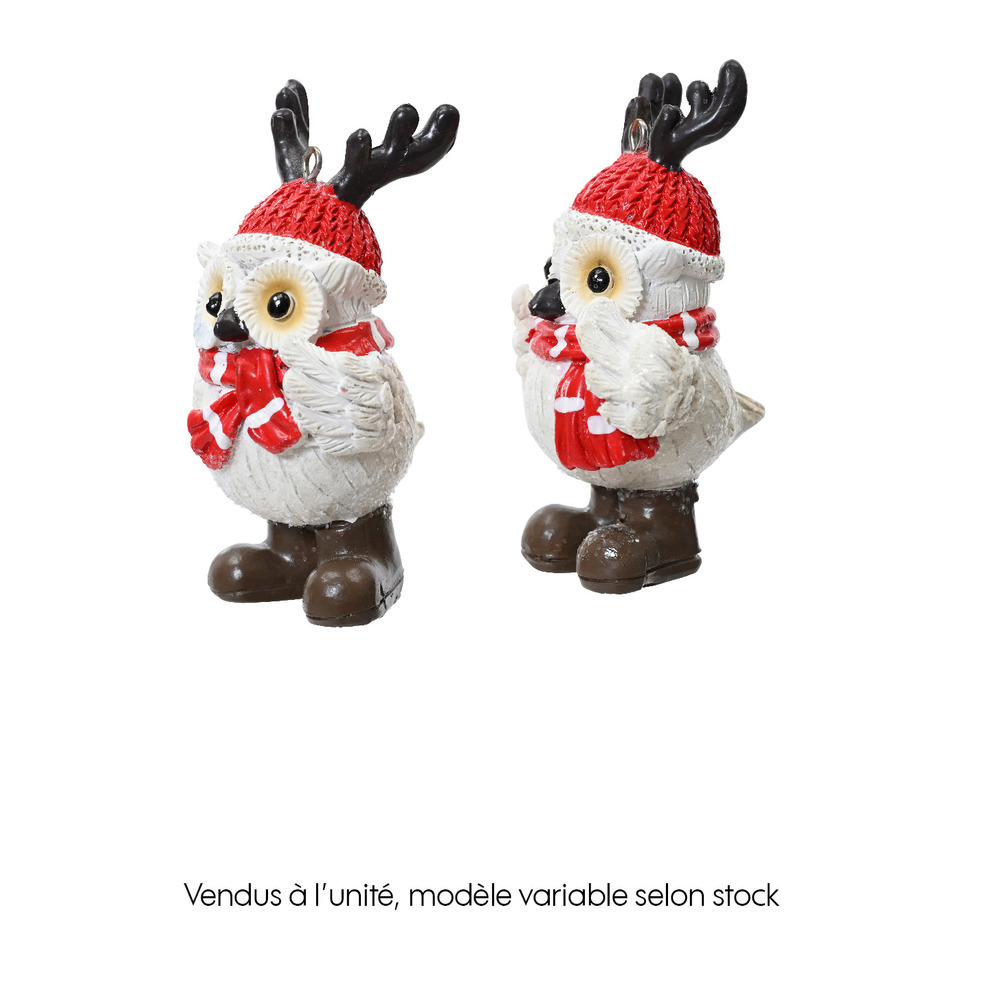 Suspension de Noël : Chouette en polyrésine rouge 4,9x4,6 H.8,6cm
