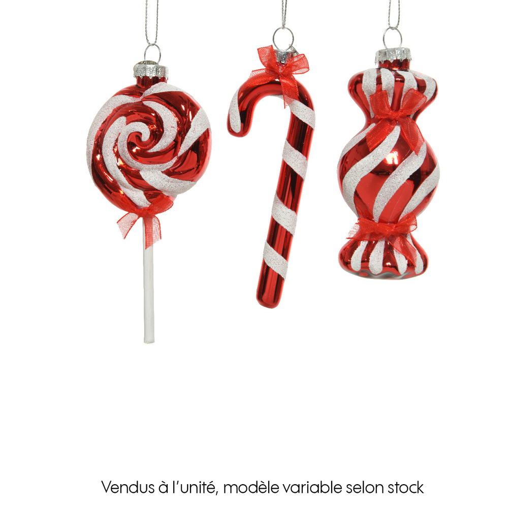 Suspension de Noël en verre : sucrerie, coloris rouge/blanc - H.13cm