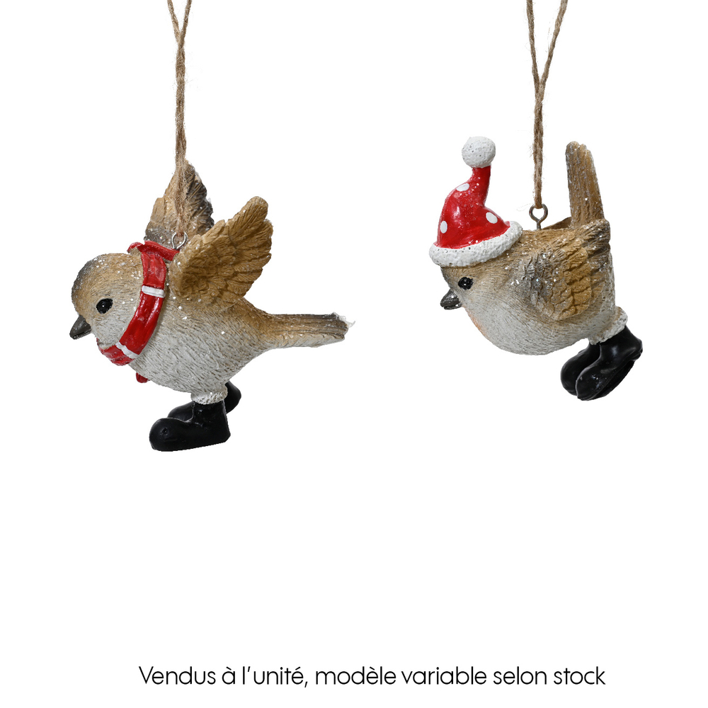 Suspension de Noël : oiseau en résine avec écharpe et bonnet - H.7,8cm
