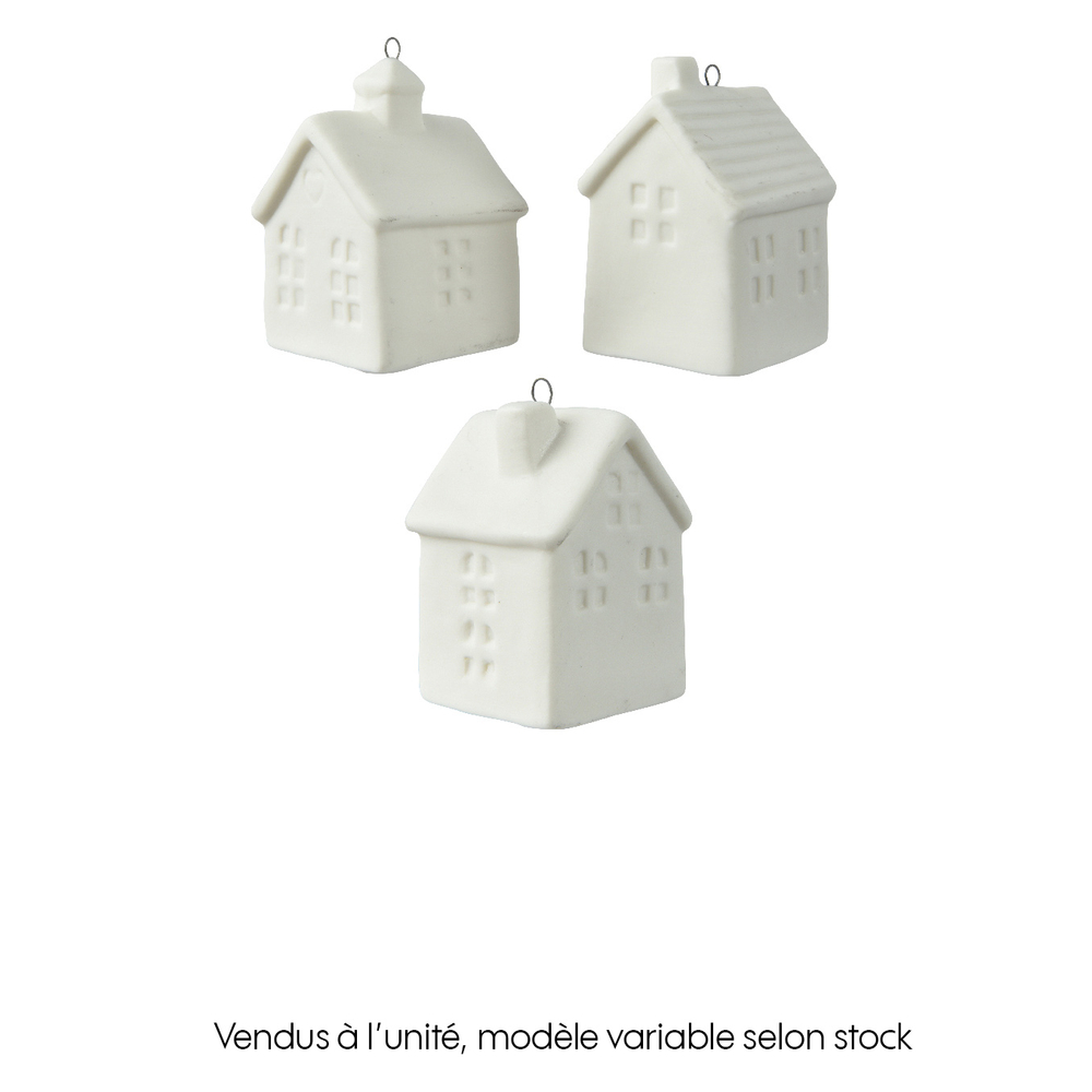 Suspension de Noël : maison en porcelaine, coloris blanc - 4x4xH.6,5cm