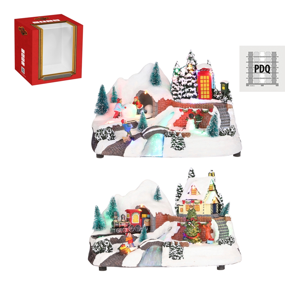 Scène de Noël animée, village enneigé, 36 pièces - H.18,5cm