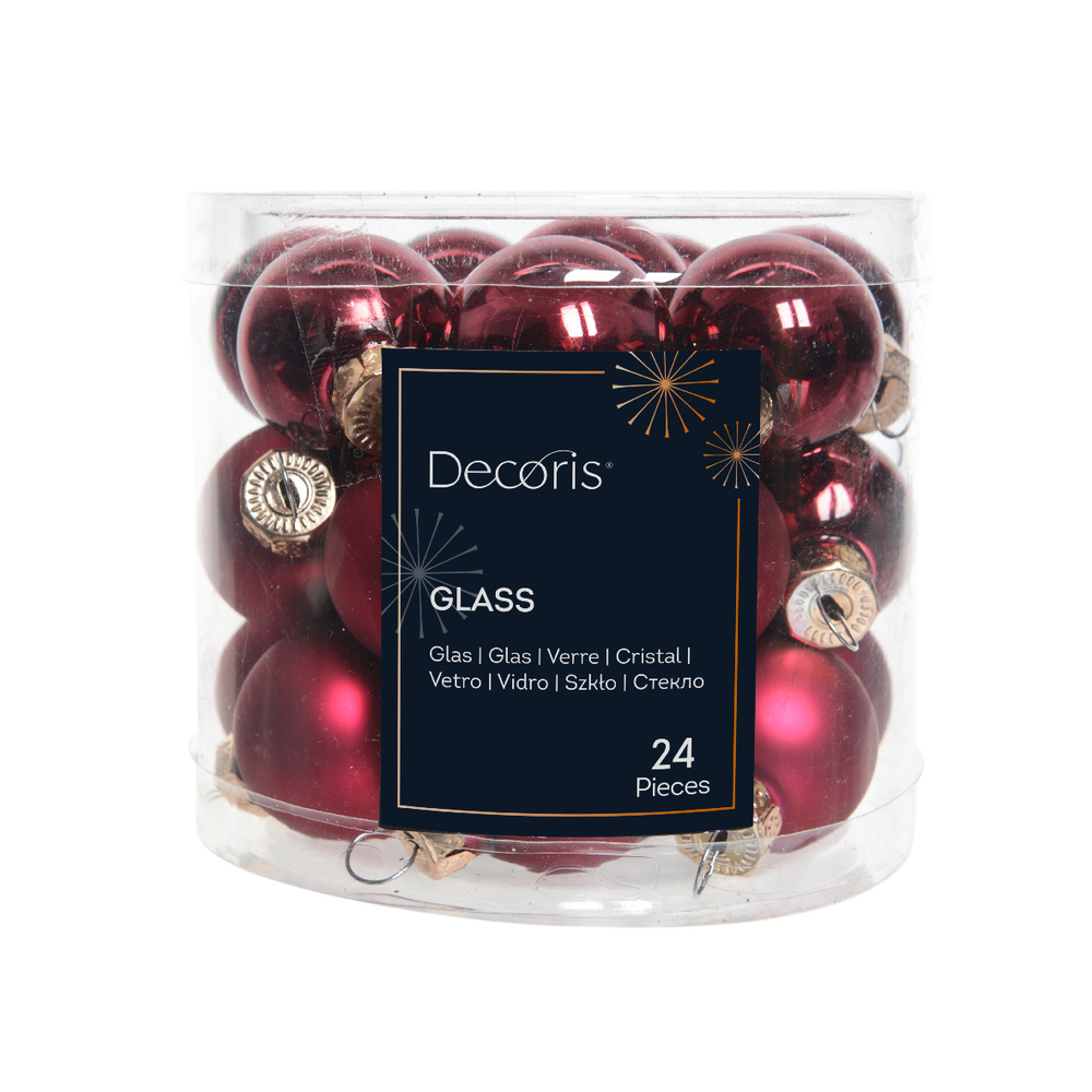 Assortiment 24 boules de Noël en verre, coloris bordeaux - D.2,5cm