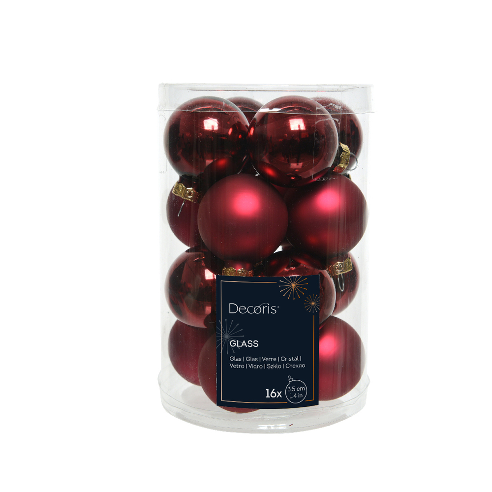 Assortiment 16 boules de Noël en verre, coloris bordeaux - D.3,5cm
