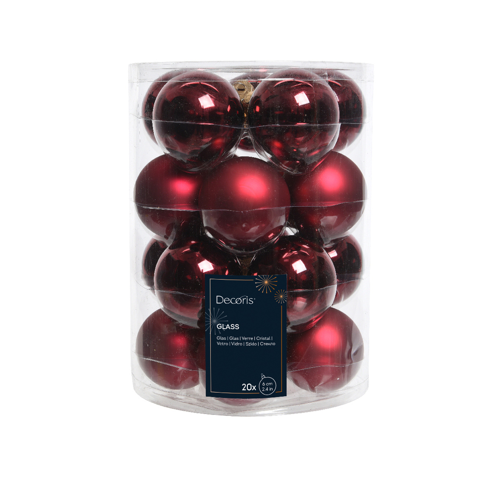 Assortiment 20 boules de Noël en verre, coloris bordeaux - D.6cm