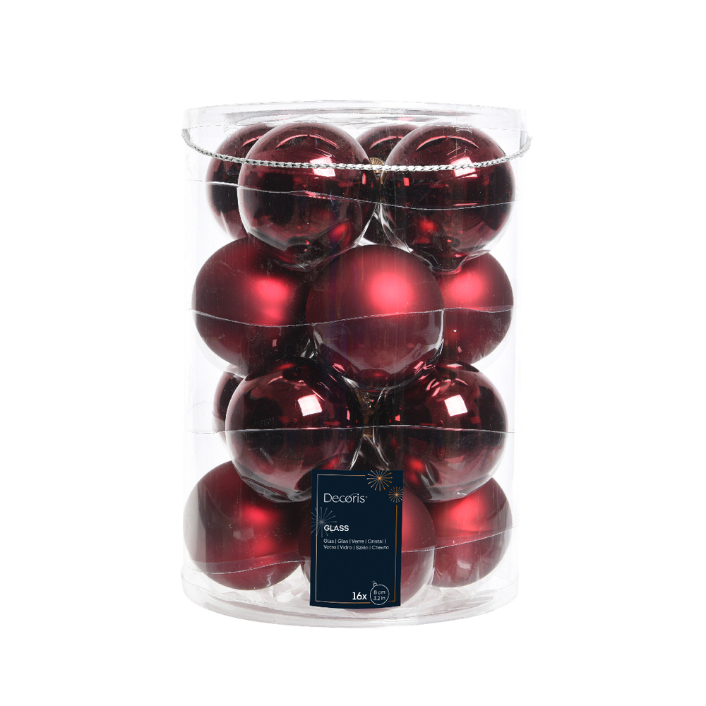 Assortiment 16 boules de Noël en verre, coloris bordeaux - D.8cm