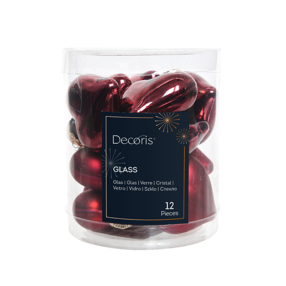 Suspensions de Noël : 12 cœurs en verre mat et brillant bordeaux H.4cm