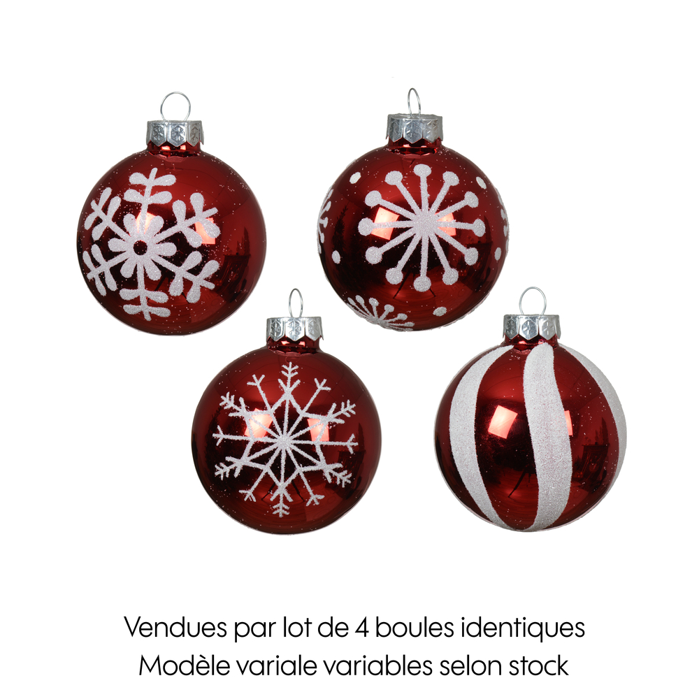 4 boules de Noël en verre, motif pailleté, coloris blanc rouge D.6cm