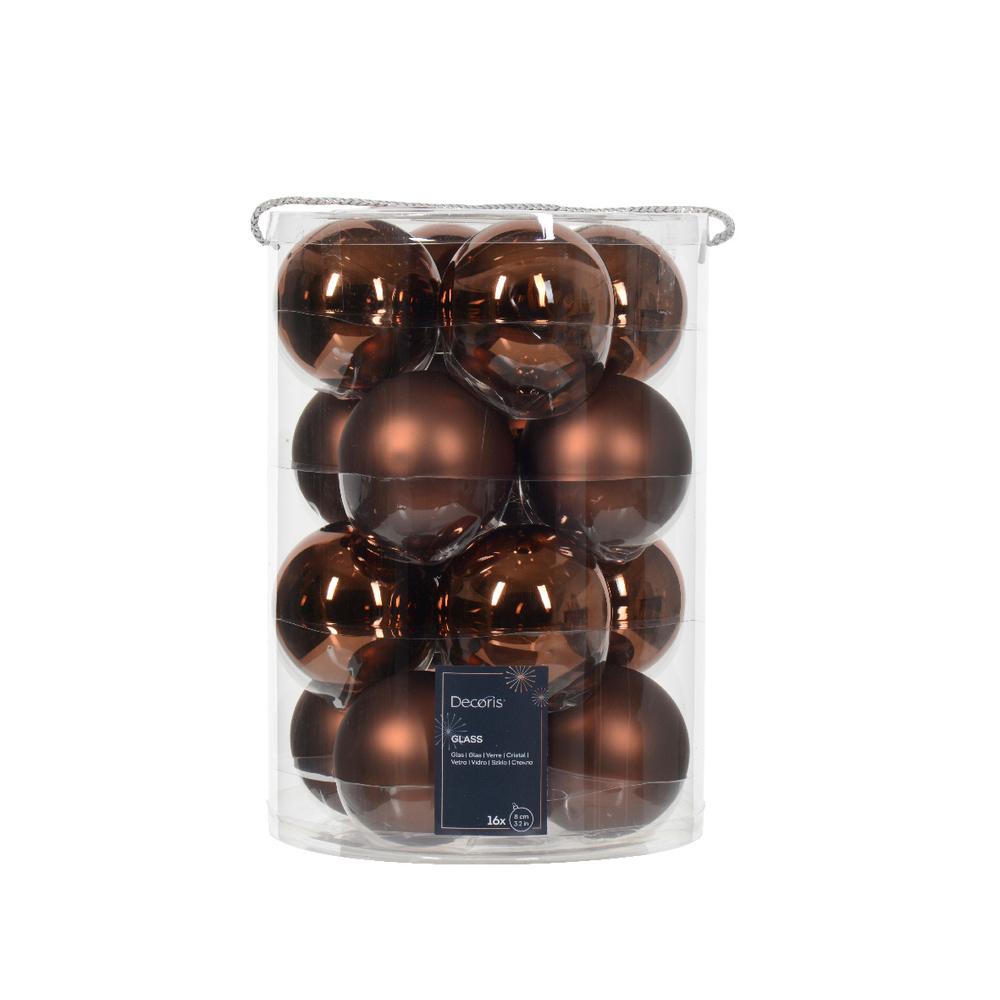 Assortiment 16 boules de Noël en verre, coloris espresso - D.8cm