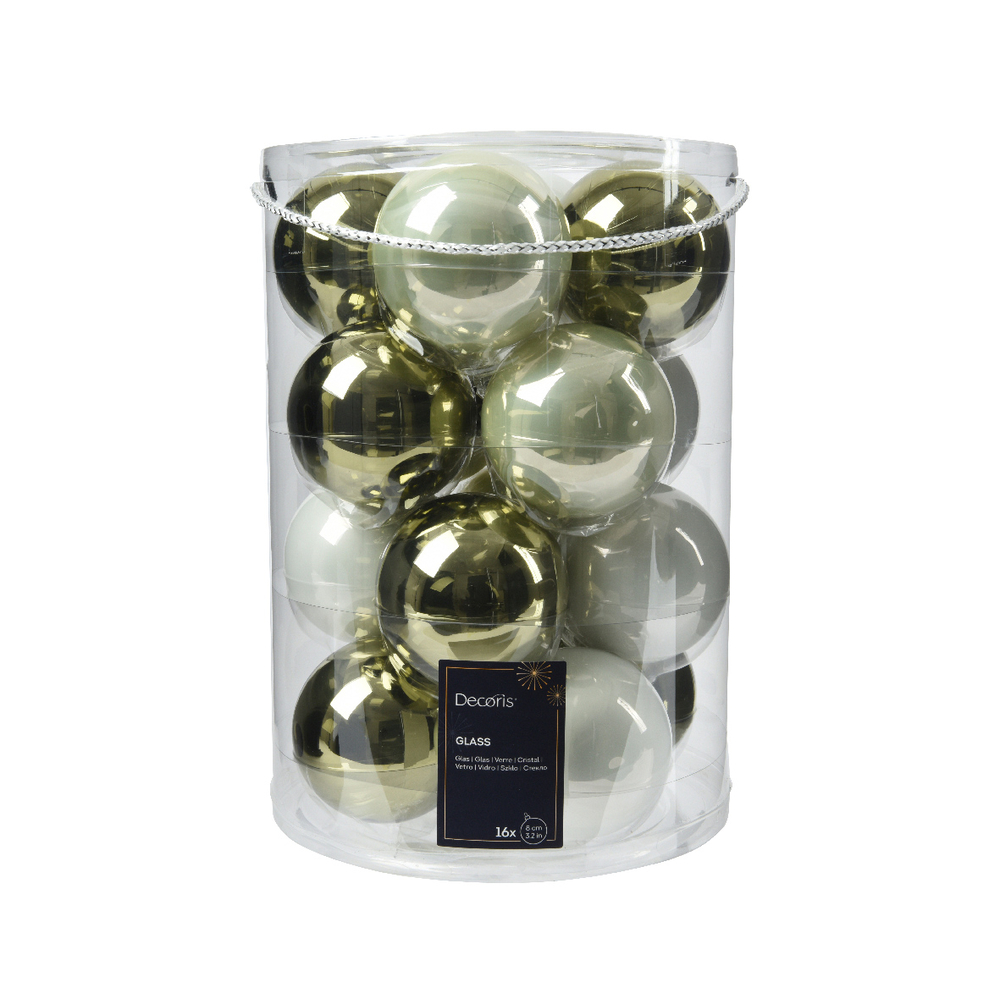 16 boules de Noël en verre brillant, coloris vert et blanc - D.8cm