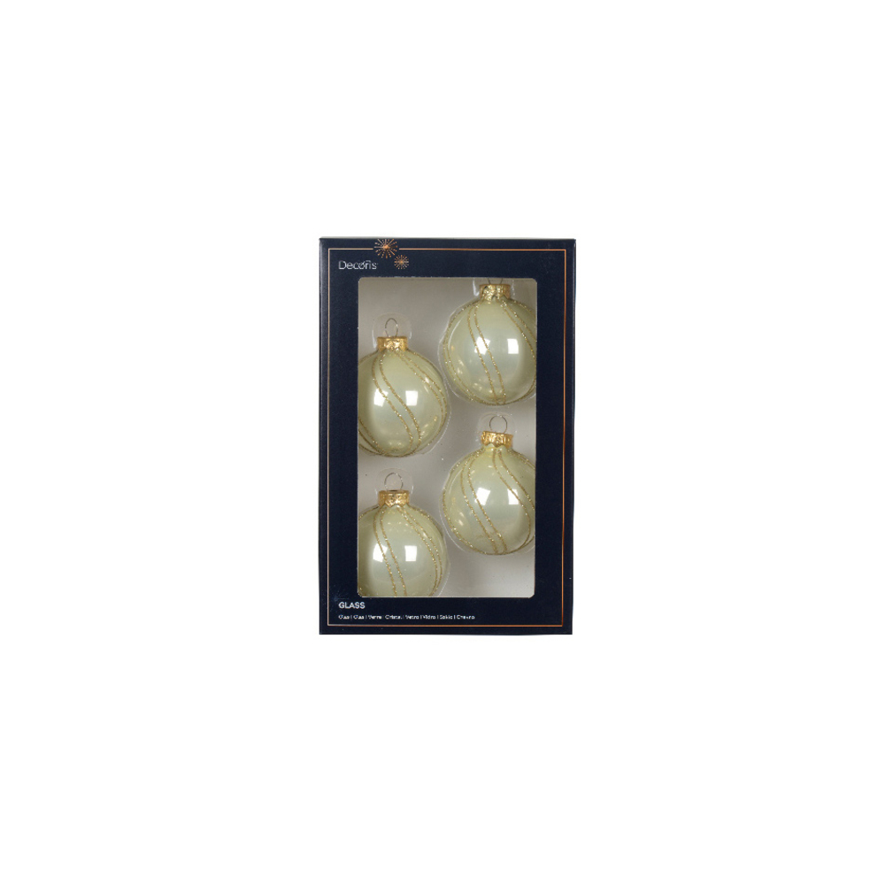 4 boules de Noël verre, motif pailleté, coloris champagne vert D.6cm
