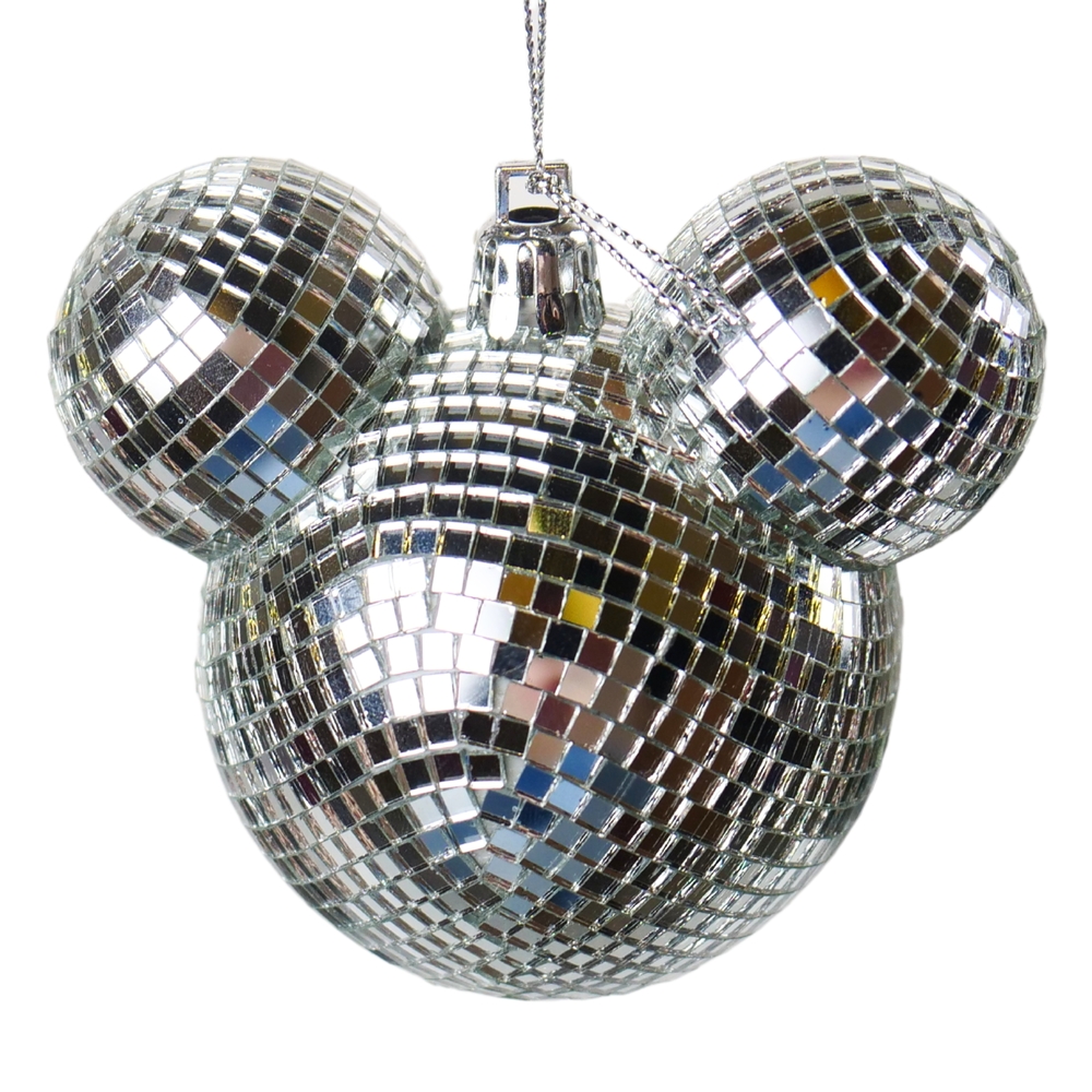 Suspension de Noël en résine : tête de Mickey, disco argenté - H.8,5cm