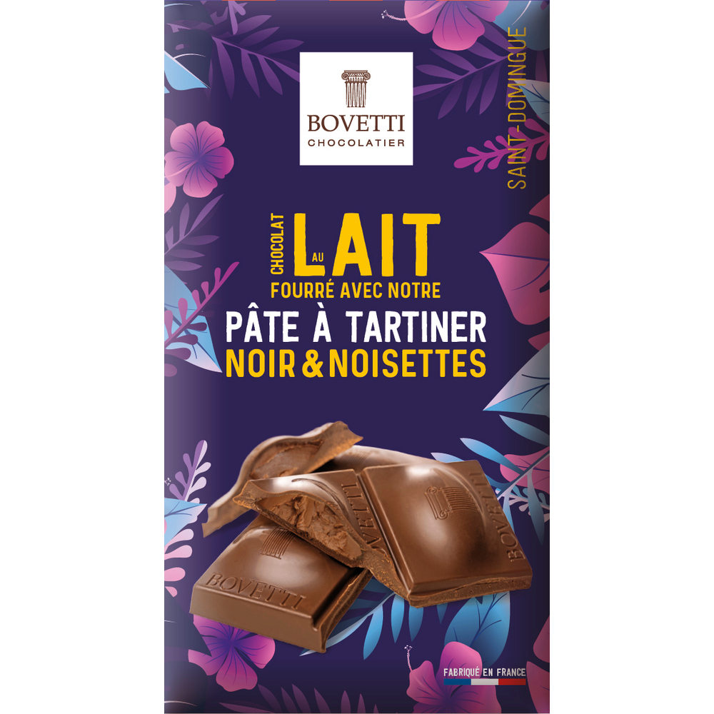 Tablette chocolat au lait garnie pâte à tartiner noir/noisettes - 100g
