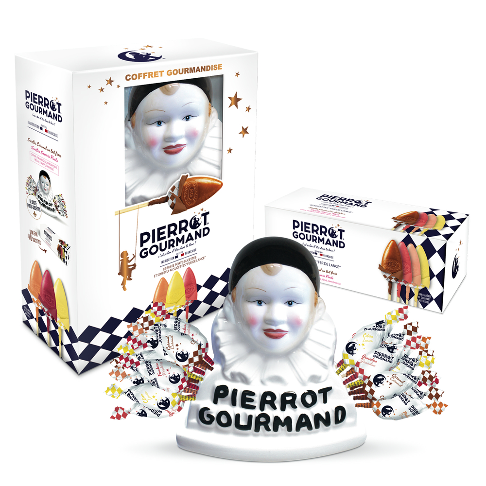 Buste porte-sucettes et étui de 40 sucettes, saveurs fruits et caramel