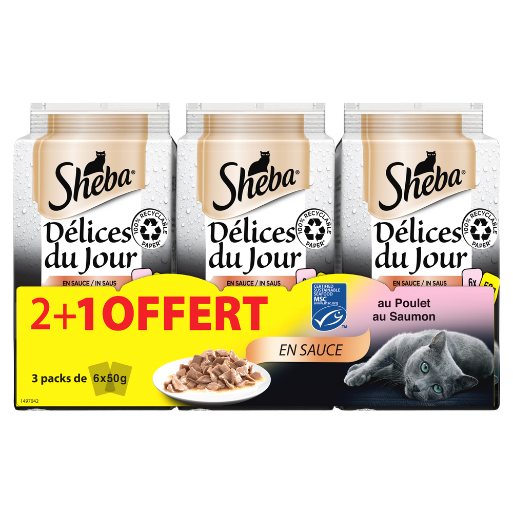 Délices du jour en sauce 2 variétés pour chat 3x 6x50g 2+1 offert
