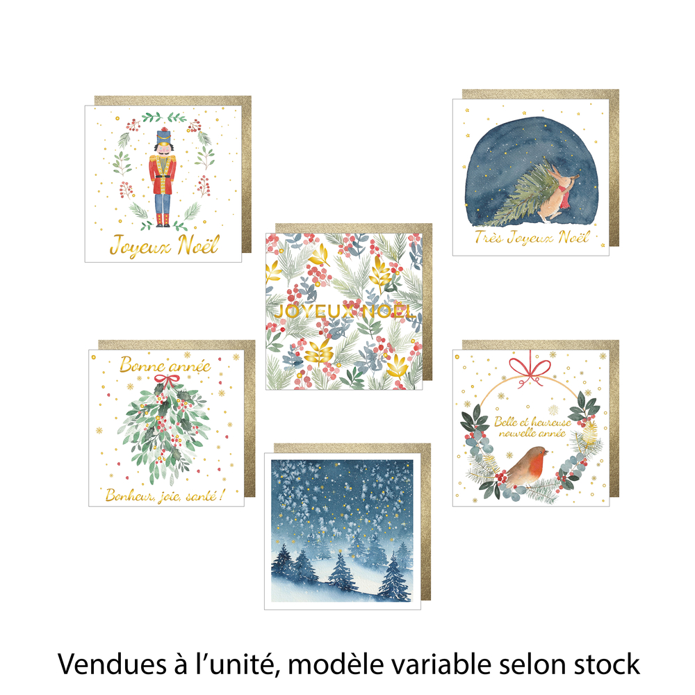Cartes de vœux Noël et Nouvel An, style aquarelle, coloris variables
