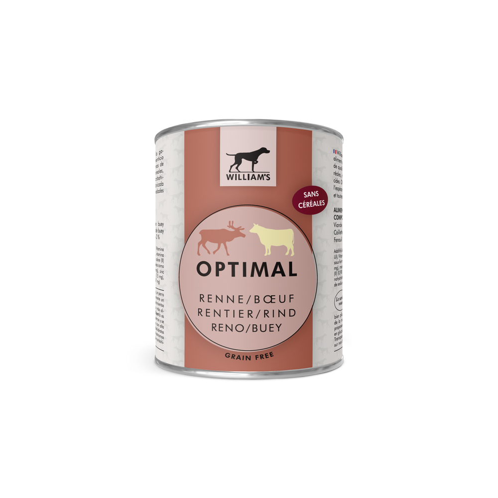 Pâtée sans céréales Optimal pour chien au renne et au bœuf 800g