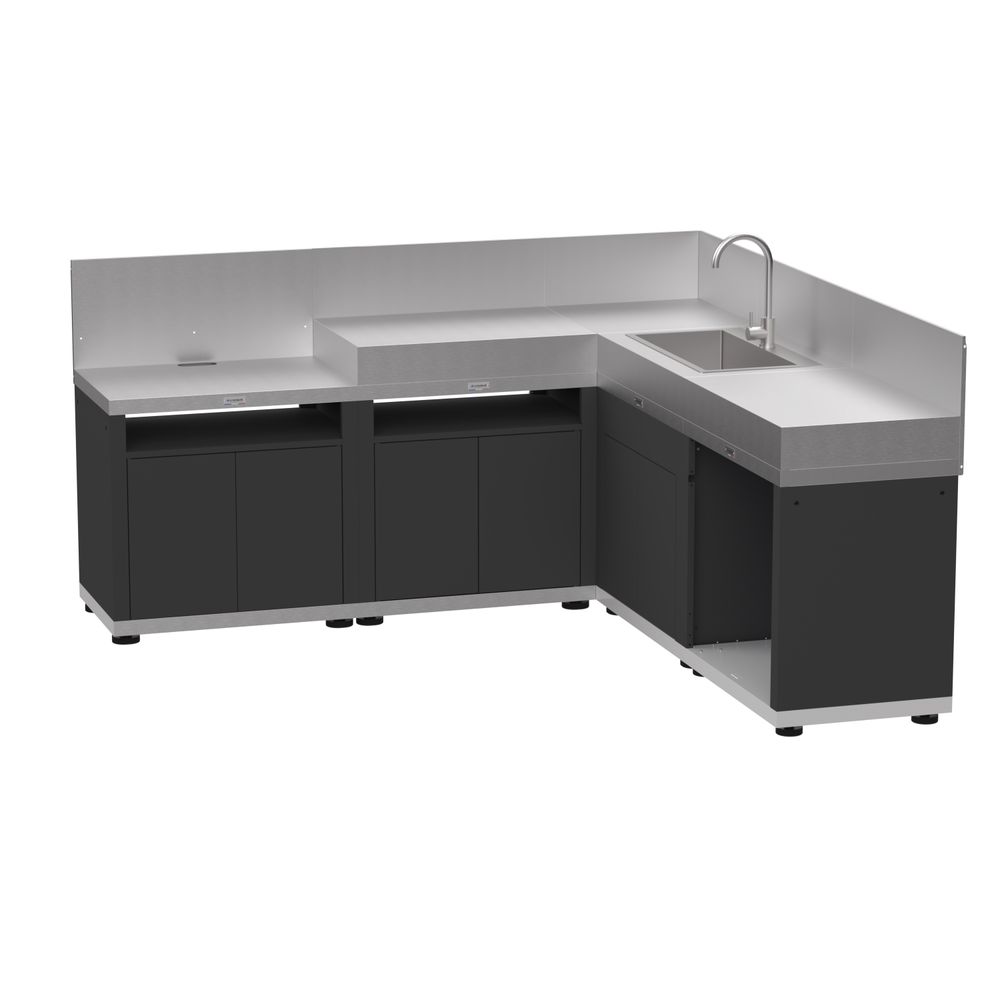 Cuisine d'angle 5 élements avec crédences, coloris noir et inox