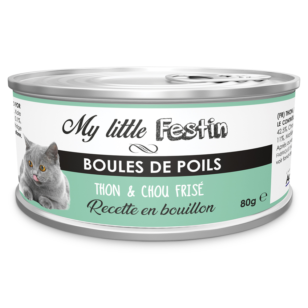 Pâtée ''Boules de poils'' - Thon et chou frisé en bouillon 80g