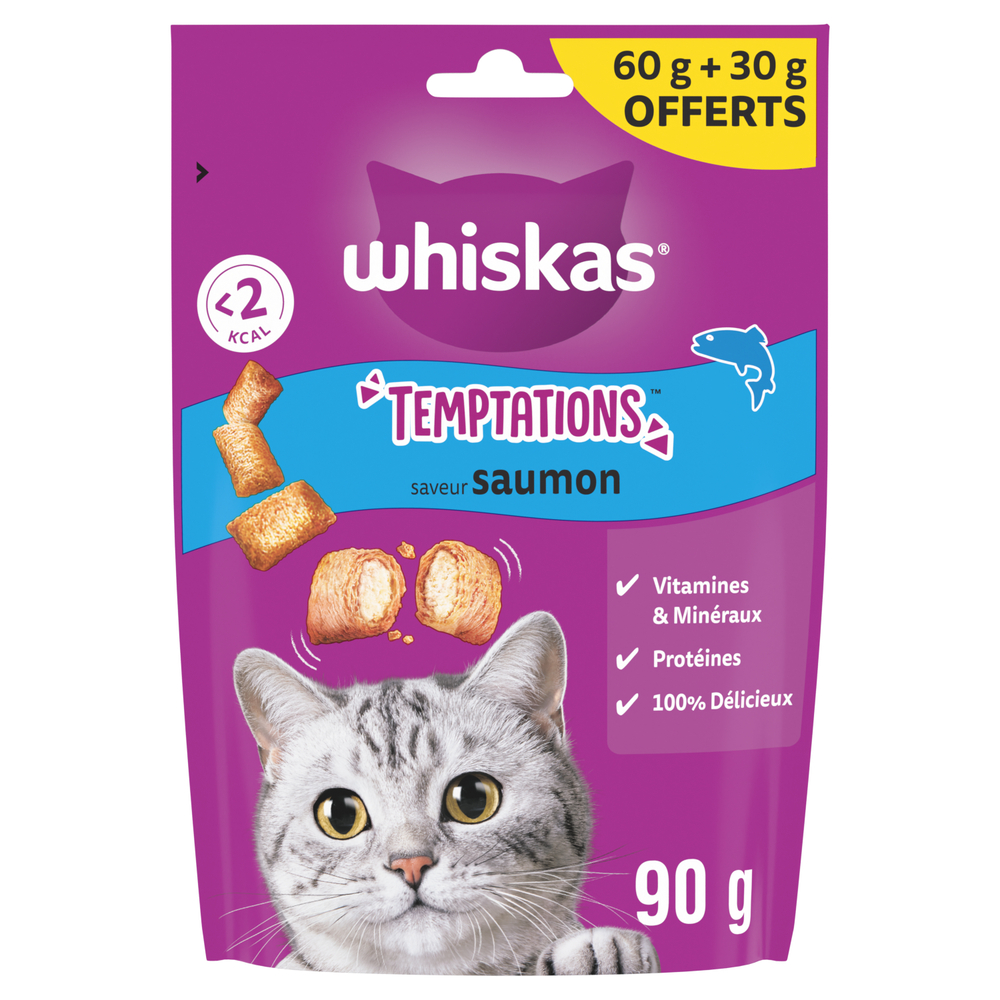 Friandises Temptations saveur saumon pour chat (60g + 30 offerts)