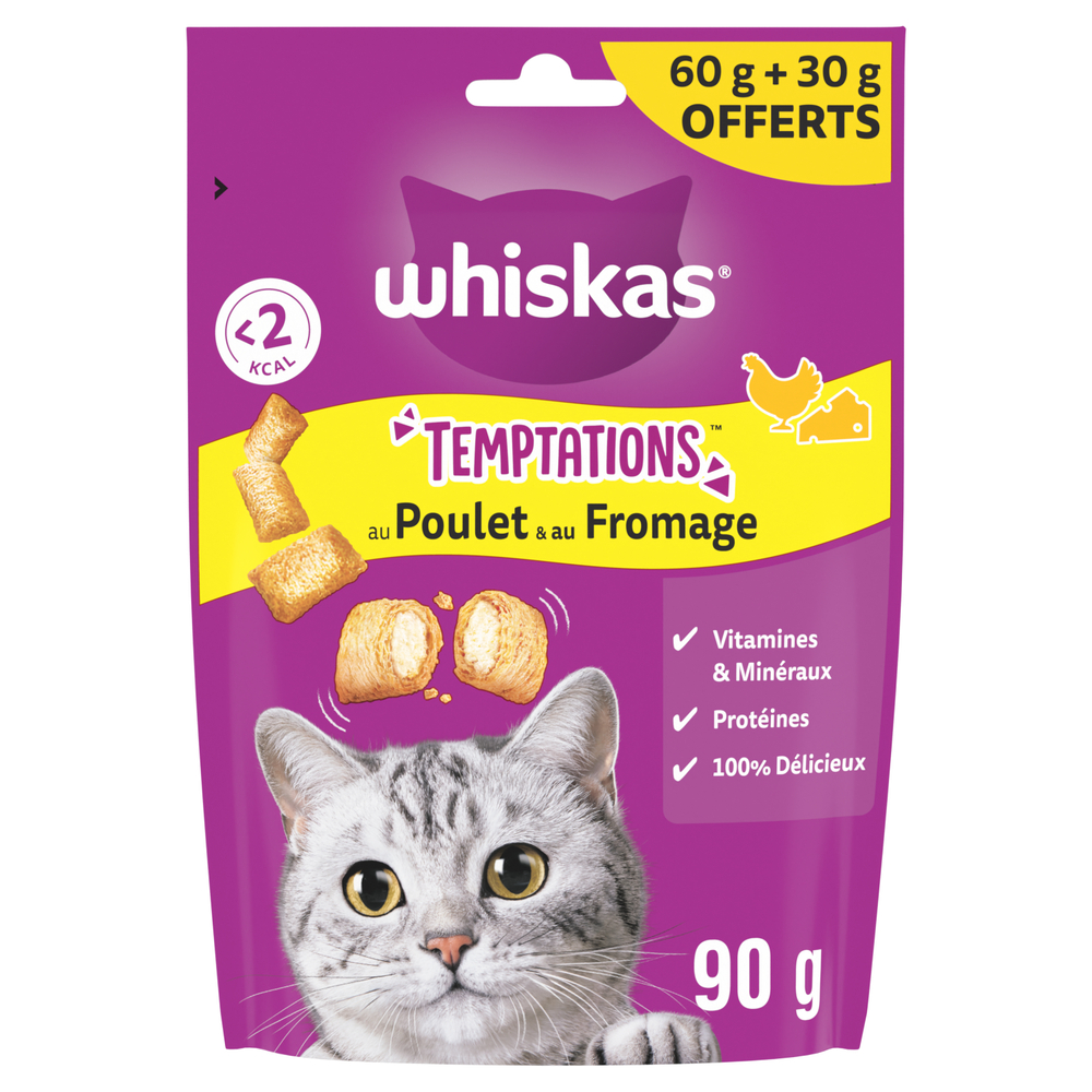 Friandises Temptations poulet et fromage pour chat (60g + 30 offerts)