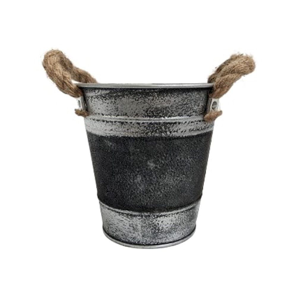 Cache-pot avec poignée corde, en zinc - D.16xH.15cm