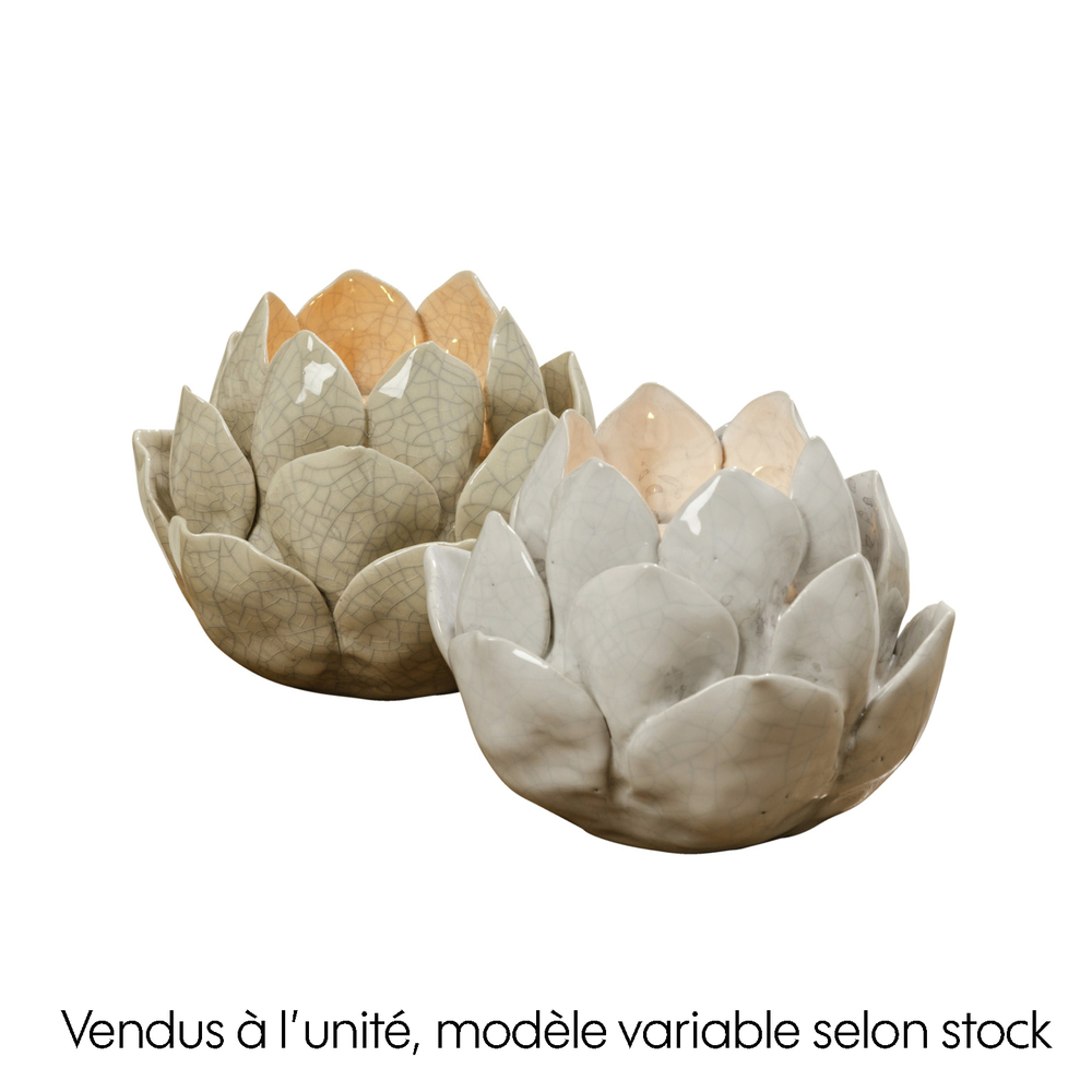 Bougeoir fleur en grès, coloris beige - D.13xH.10cm