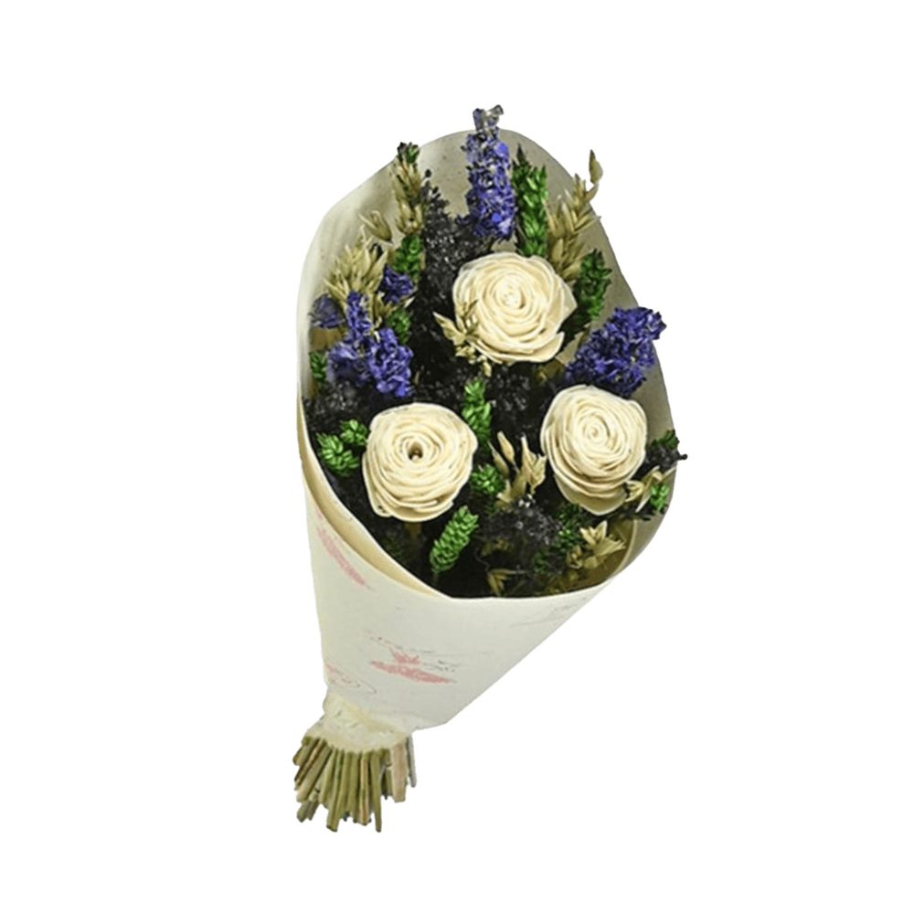 Bouquet de fleurs séchées : Sola, coloris vert/bleu - taille S