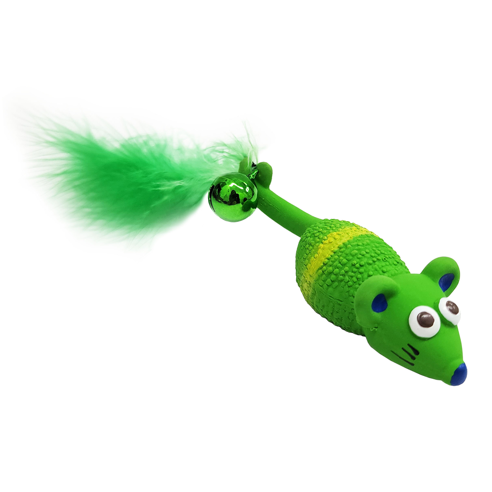 Jouet pour chat : souris verte avec clochette et plume - L.3xH.4cm